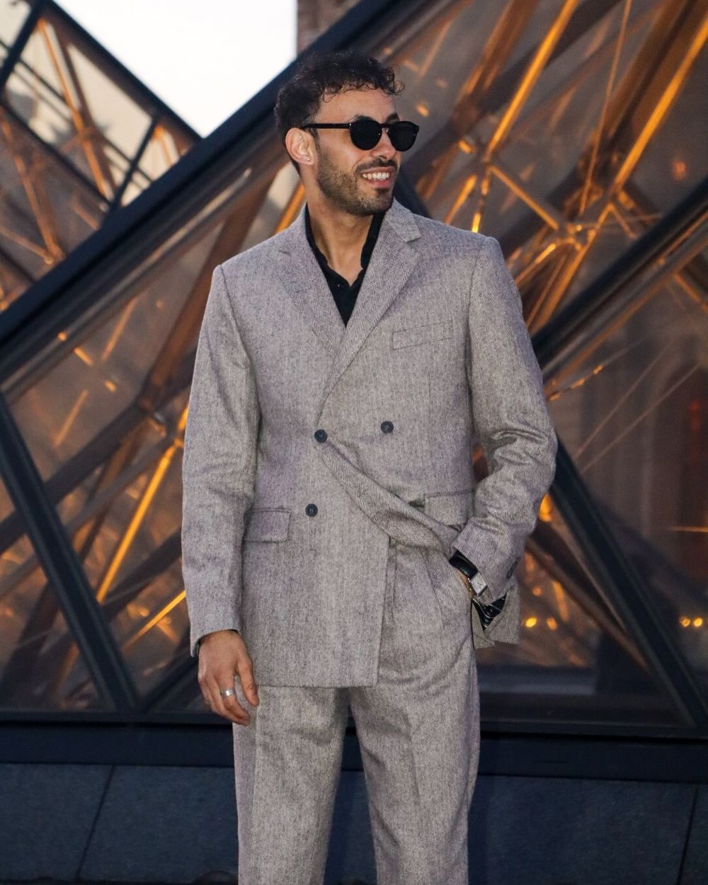 Light Grey Double-Breasted Suit with Black Shirt