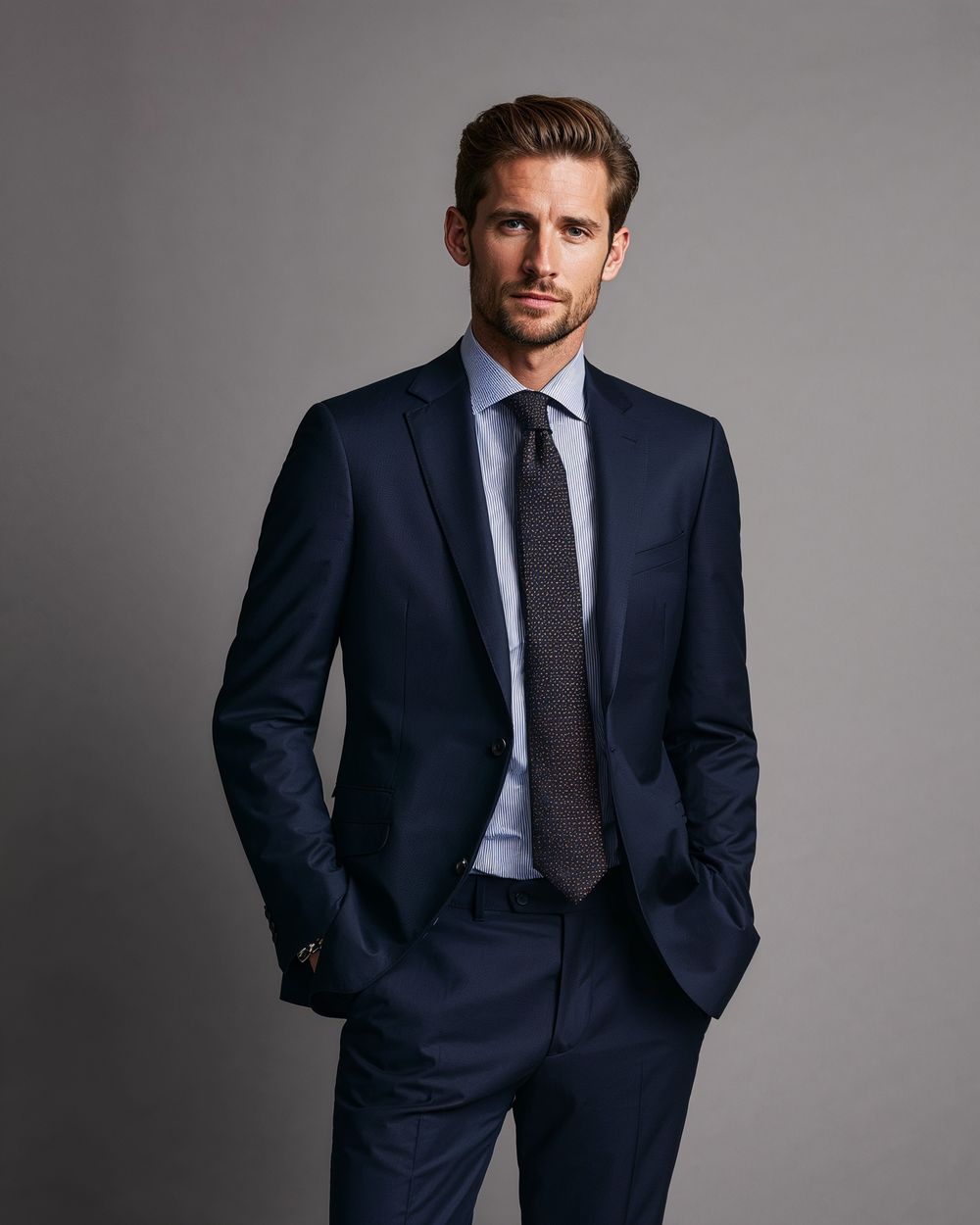 Navy Business Suit with Light Blue Striped Shirt