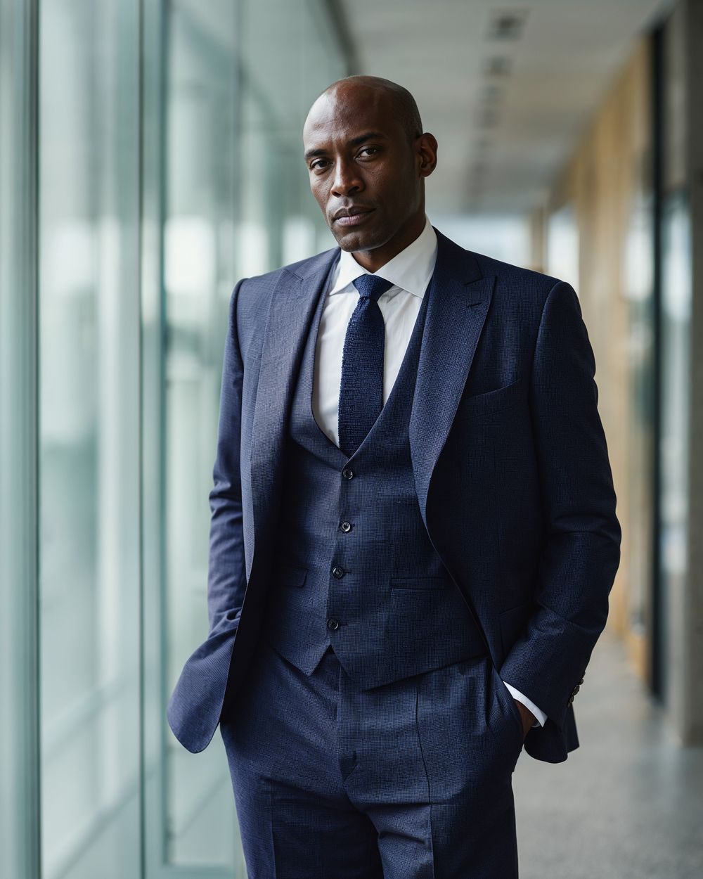 Blue Three-Piece Suit with White Shirt and Navy Tie