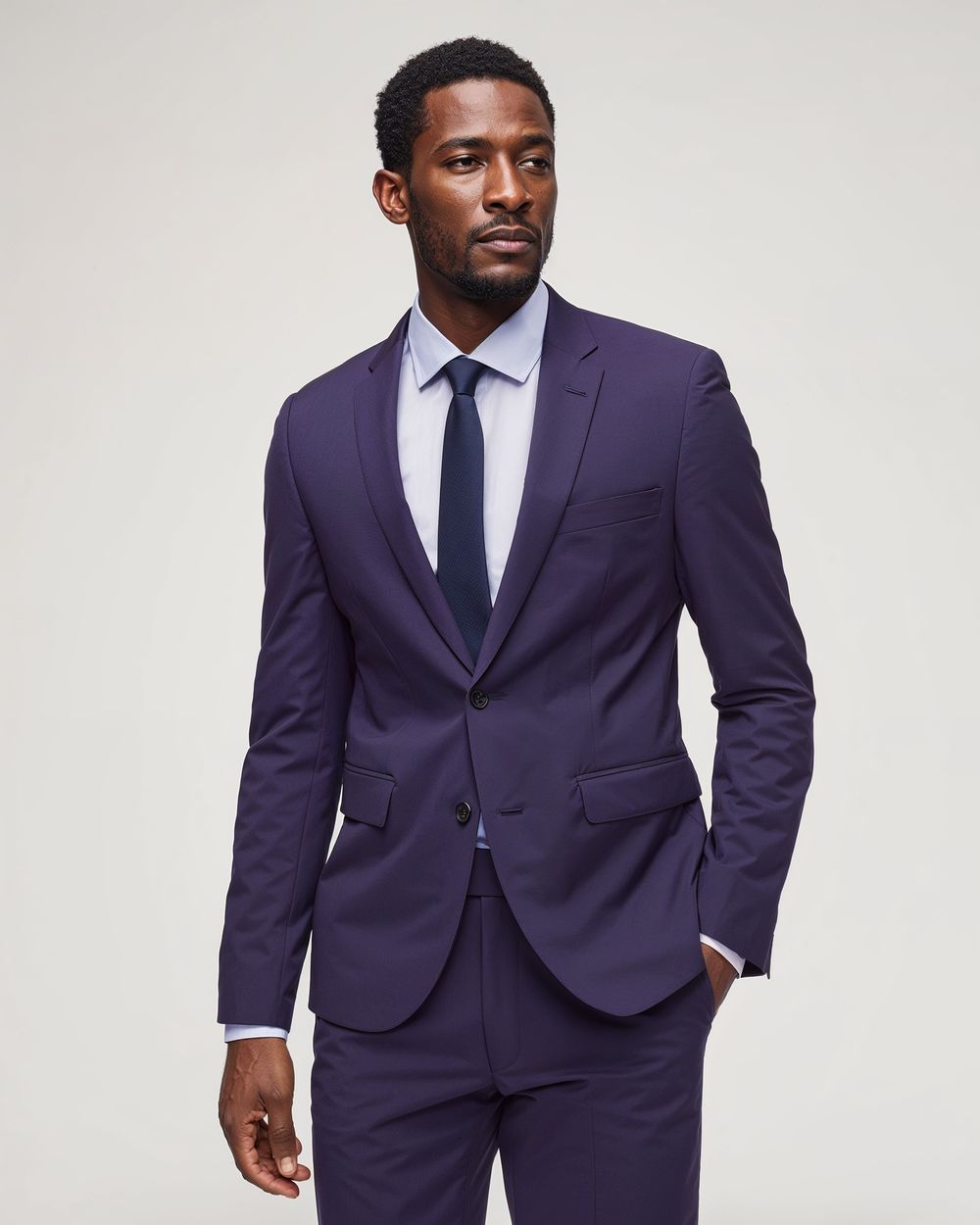 Deep Purple Suit with Light Blue Shirt and Navy Tie