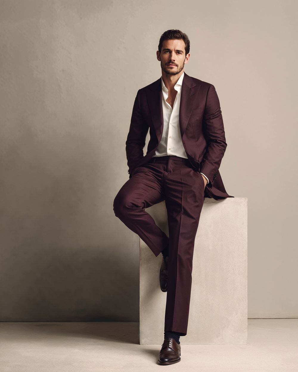 Burgundy Suit with White Open-Collar Shirt