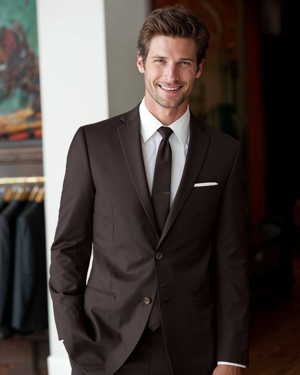 Chocolate Brown Suit with White Shirt and Brown Tie