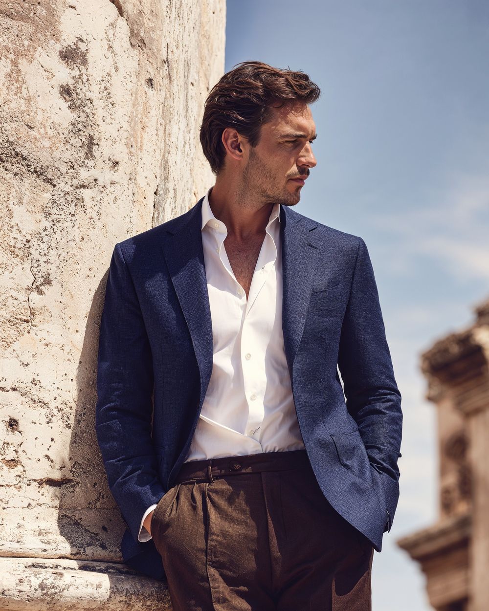Blue Jacket with Brown Trousers
