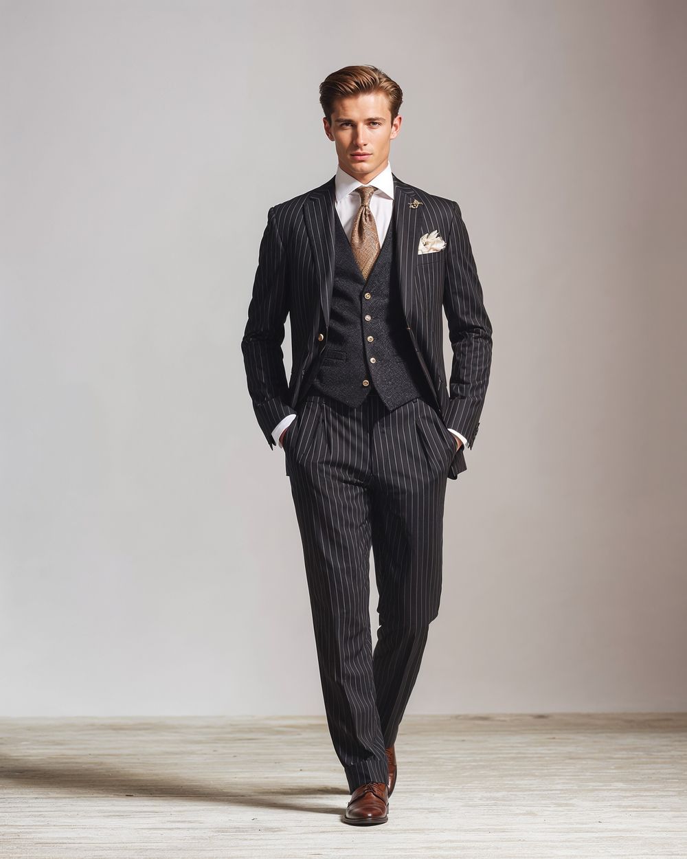 Pinstripe Three-Piece Suit with Brown Tie