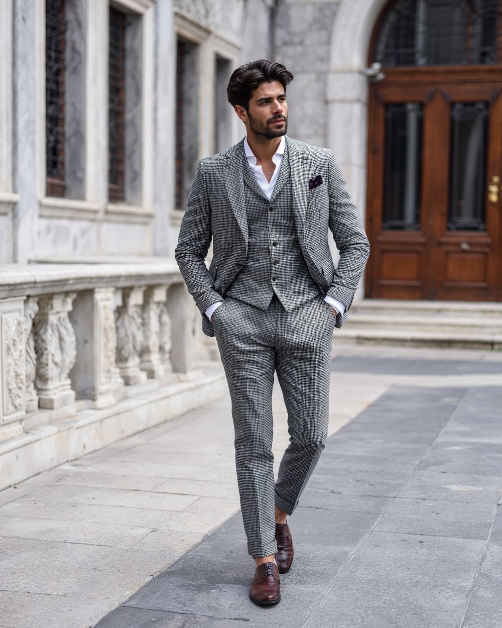 Gray Check Three-Piece Suit with White Shirt