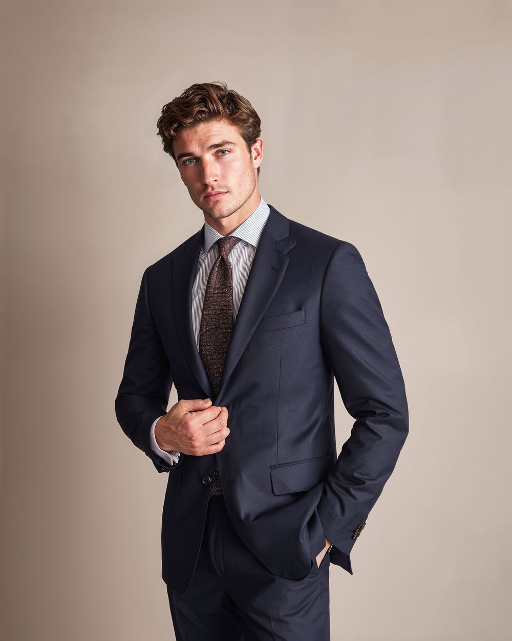 Navy Suit with Striped Shirt and Brown Tie