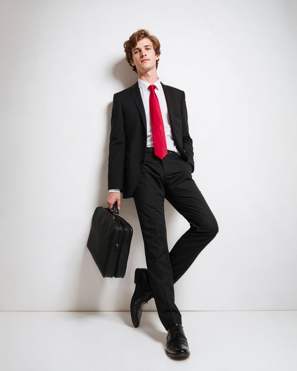 Black Suit with White Shirt and Red Tie