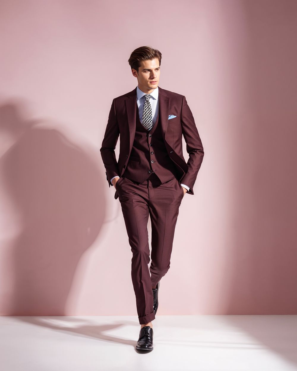 Burgundy Three-Piece Suit with Striped Shirt