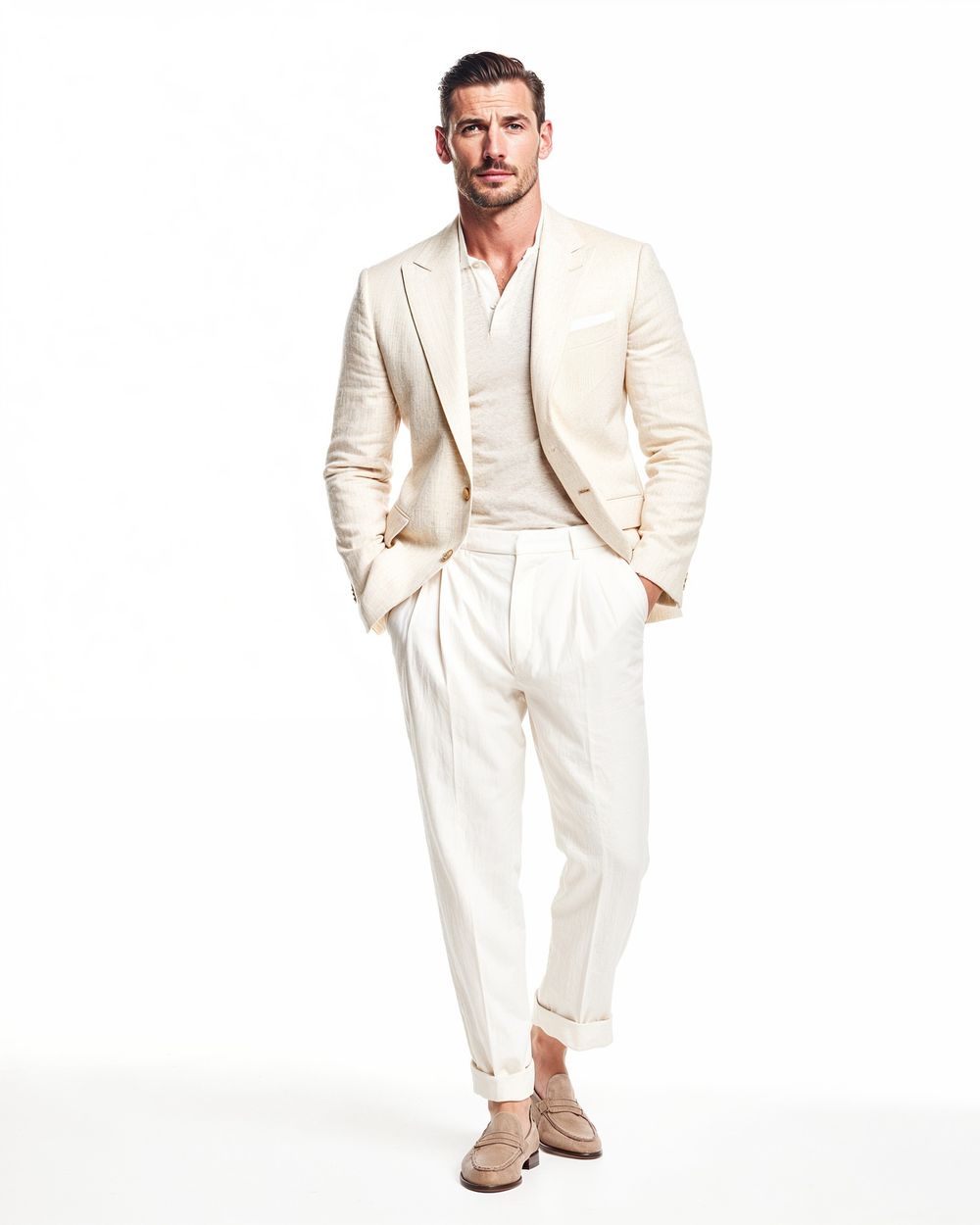 Beige Linen Jacket with White Trousers and Polo Shirt