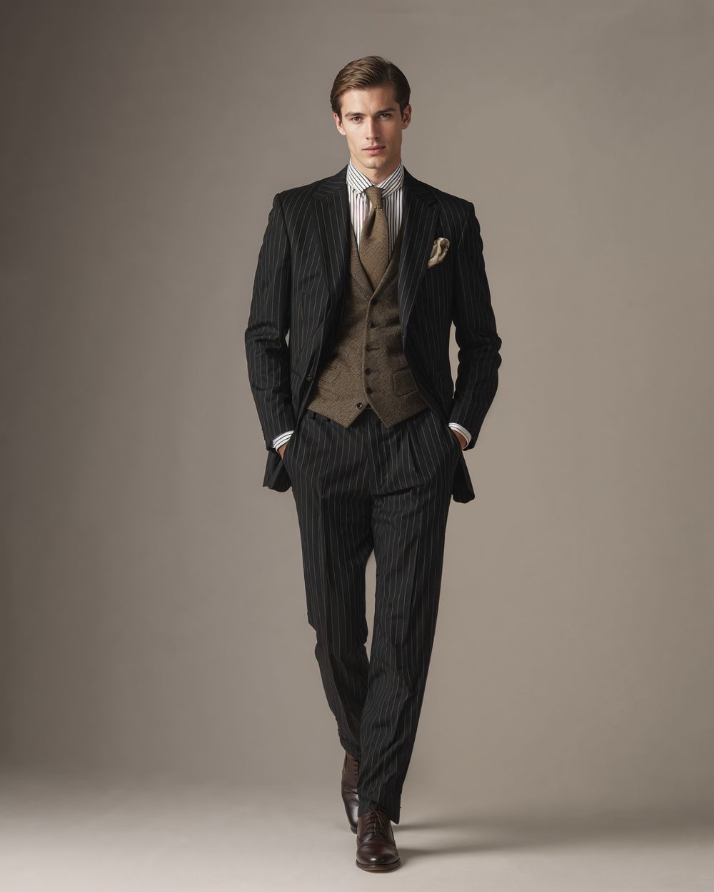 Pinstripe Suit with Brown Waistcoat