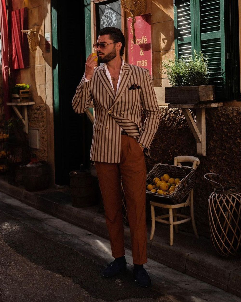 Beige Striped Summer Jacket And Dark Orange Trousers Hockerty