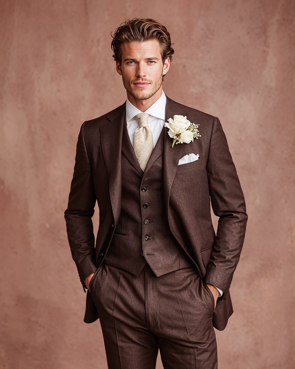 Brown Three-Piece Wedding Suit