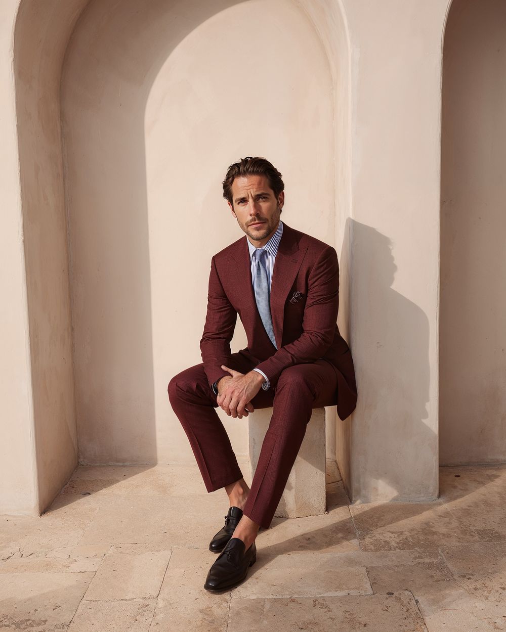 Burgundy Suit with Striped Shirt