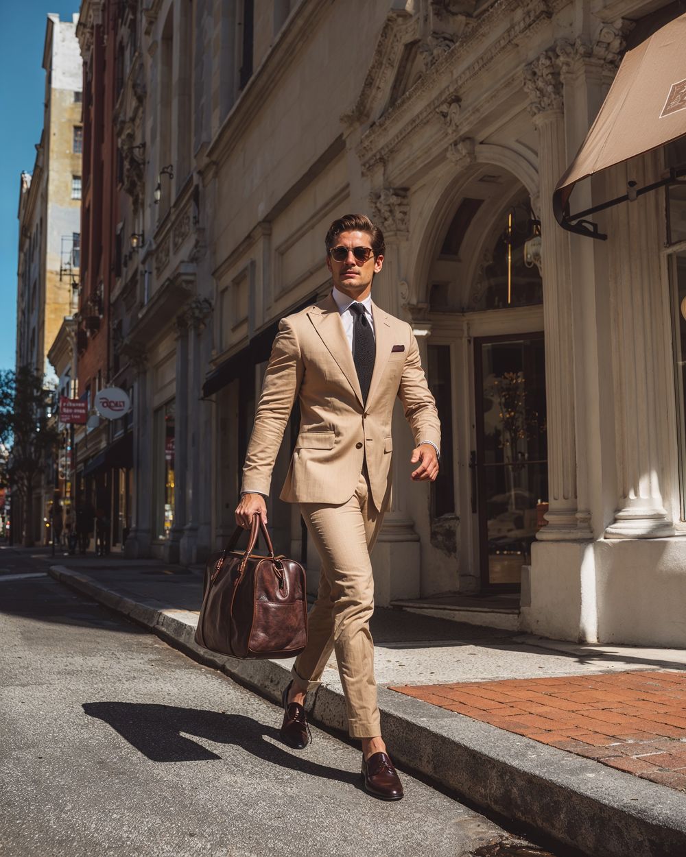 Beige Suit with White Shirt and Black Tie