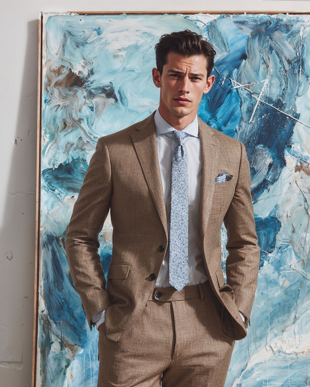 Brown Suit with Striped Shirt and Blue Tie