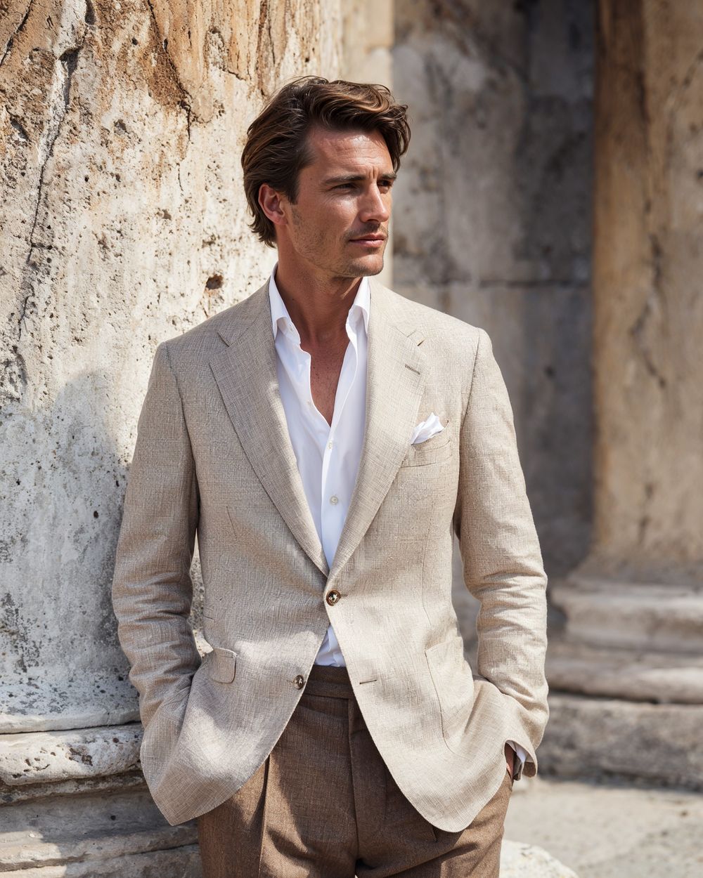 Beige Linen Jacket with Brown Trousers