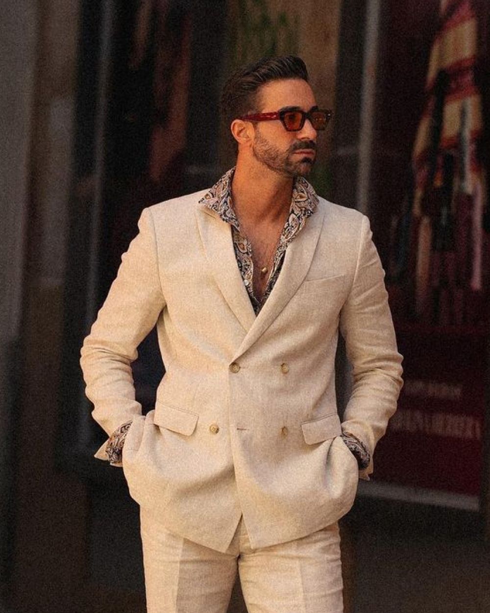 Beige linen suit with fantasy shirt