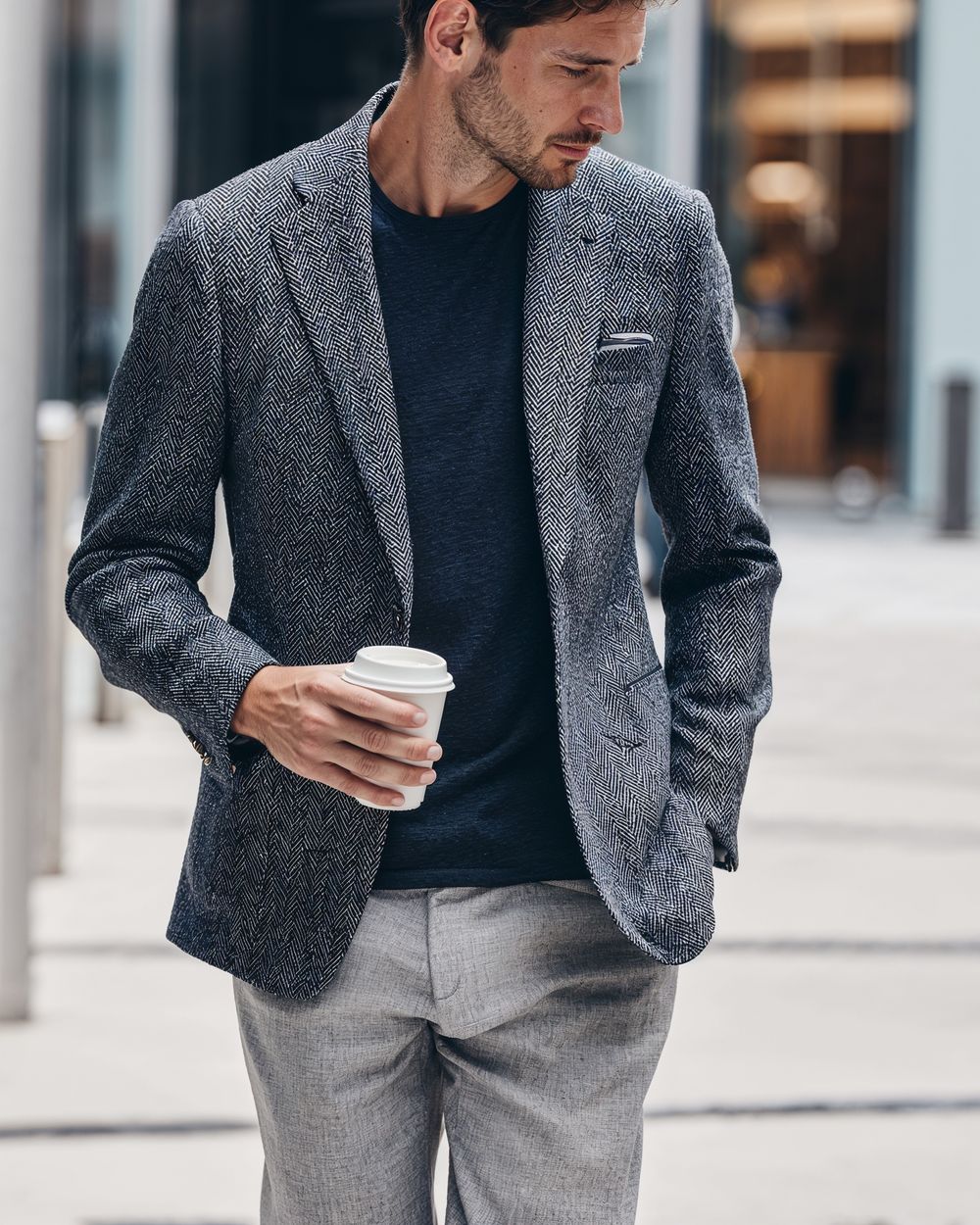 Gray Herringbone Jacket with Dark T-shirt