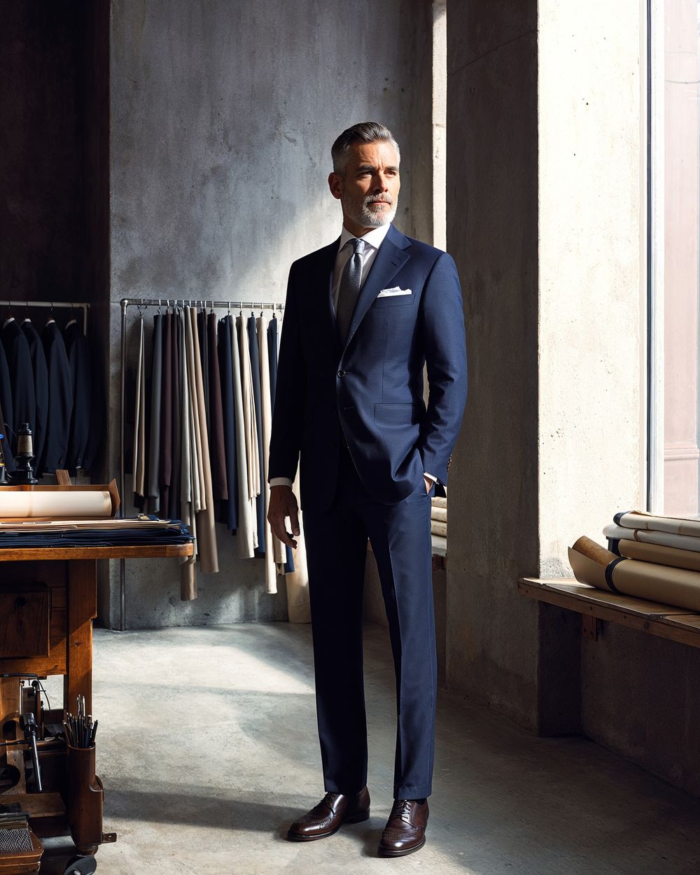 Navy Business Suit with White Pocket Square