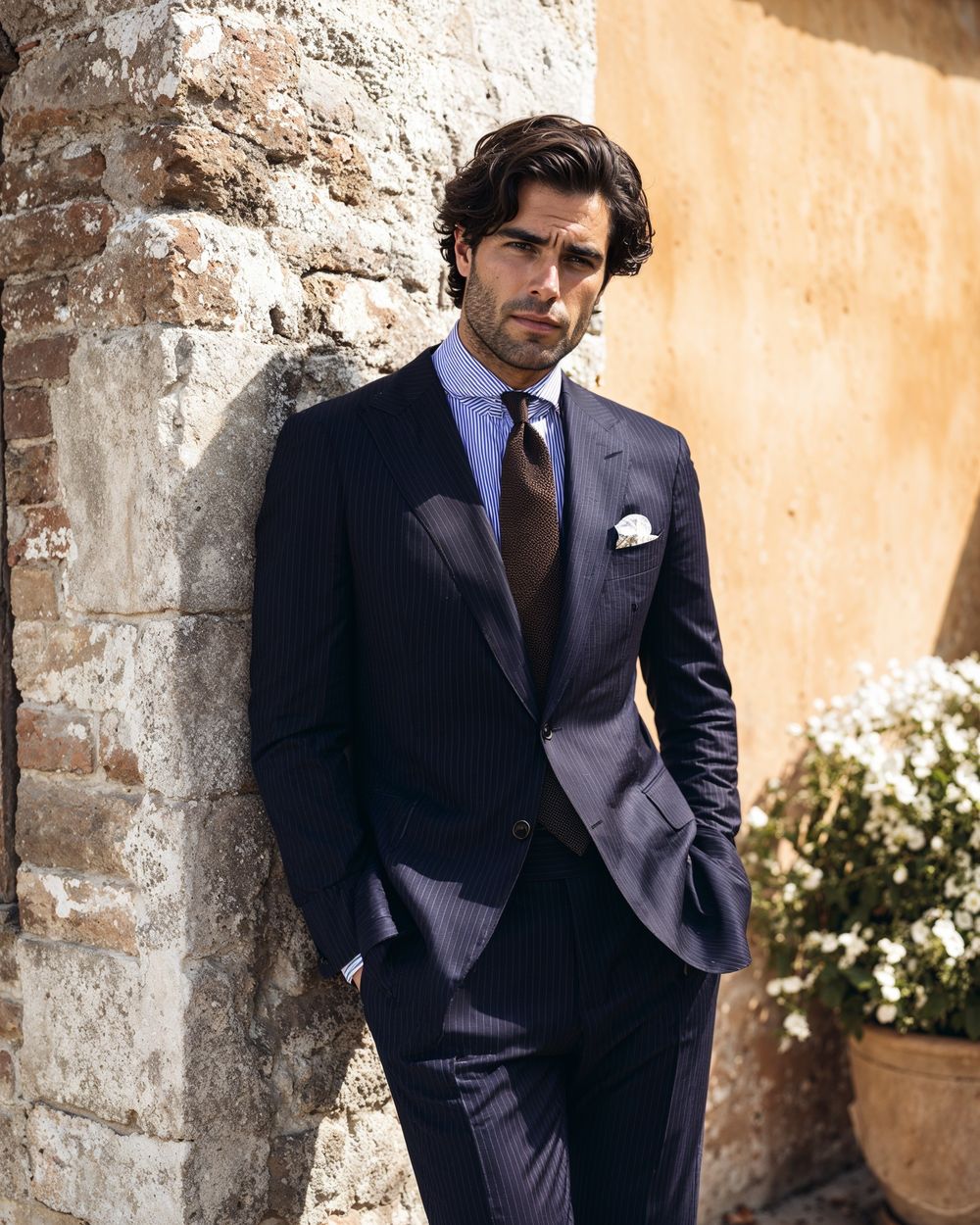 Navy Pinstripe Suit with Striped Shirt and Brown Tie