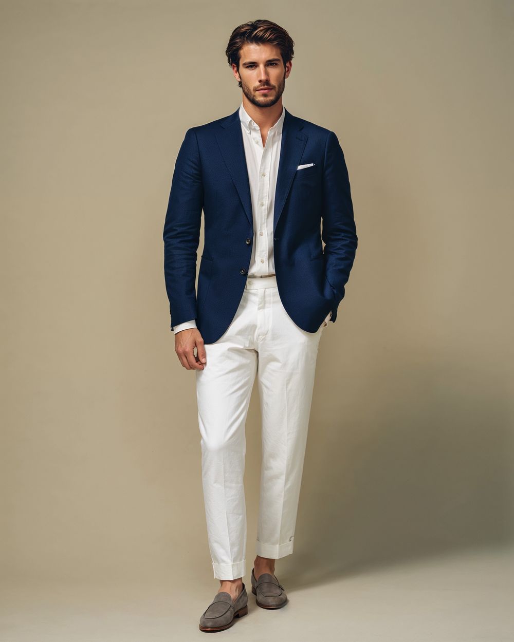 Navy Jacket with White Trousers and White Shirt