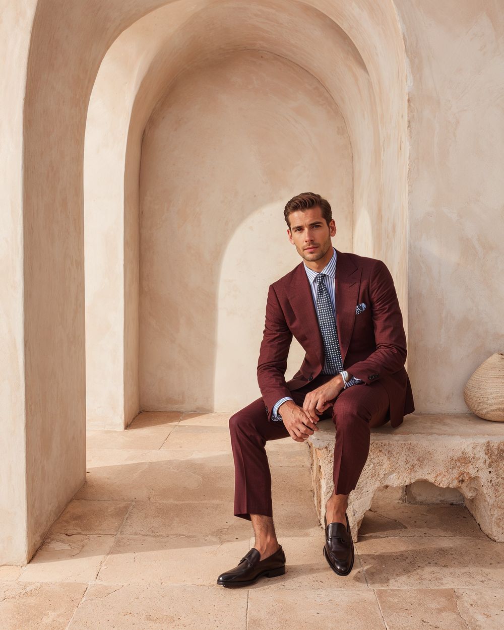 Burgundy Suit with Striped Shirt and Patterned Tie