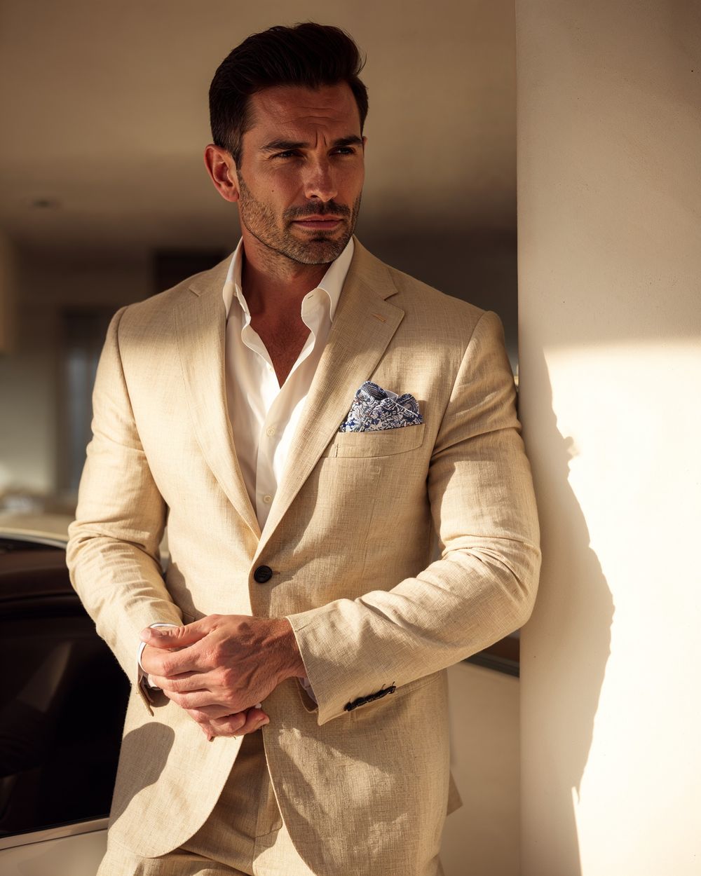 Beige Linen Suit with White Open-Collar Shirt