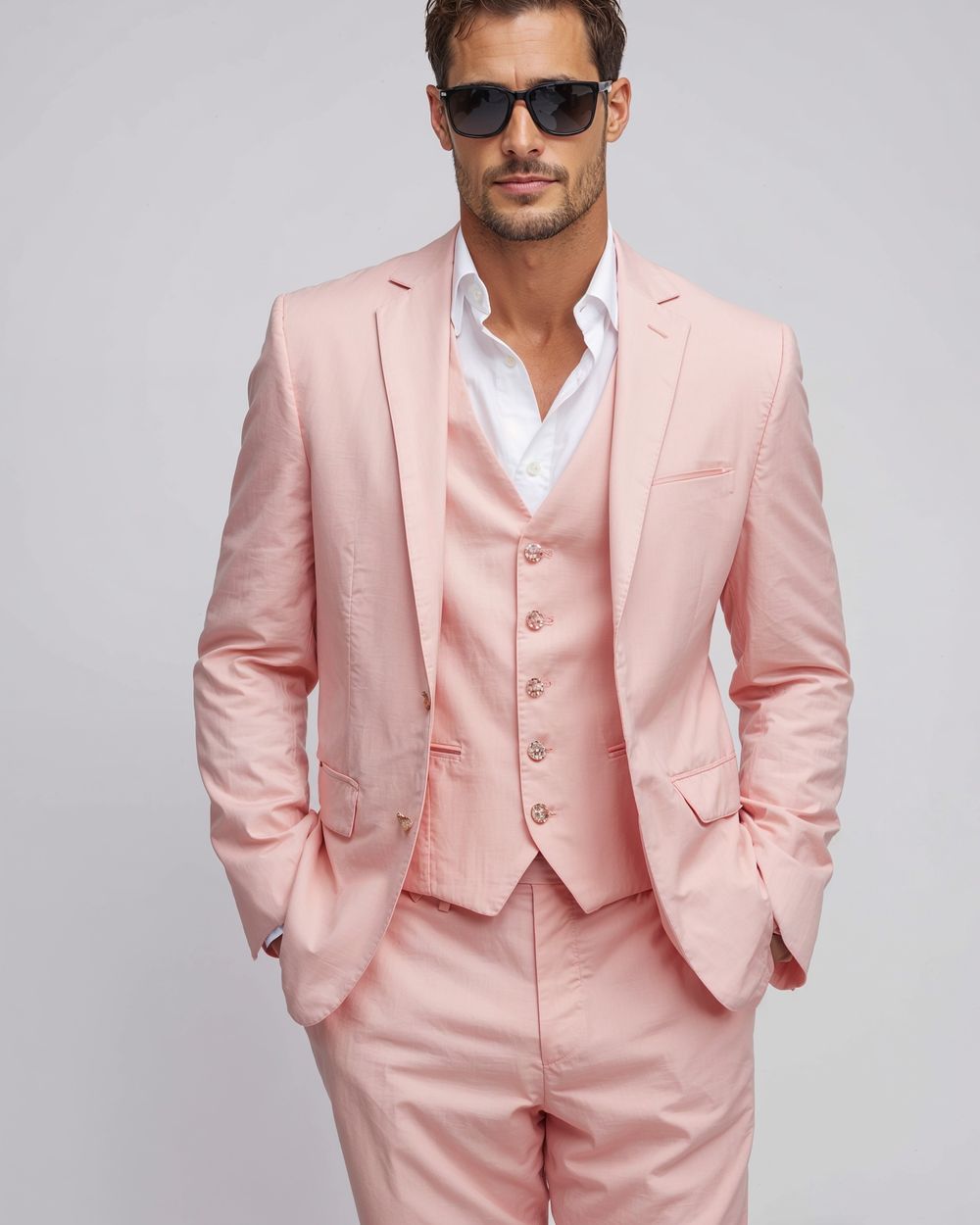 Pink Three-Piece Suit with White Open-Collar Shirt