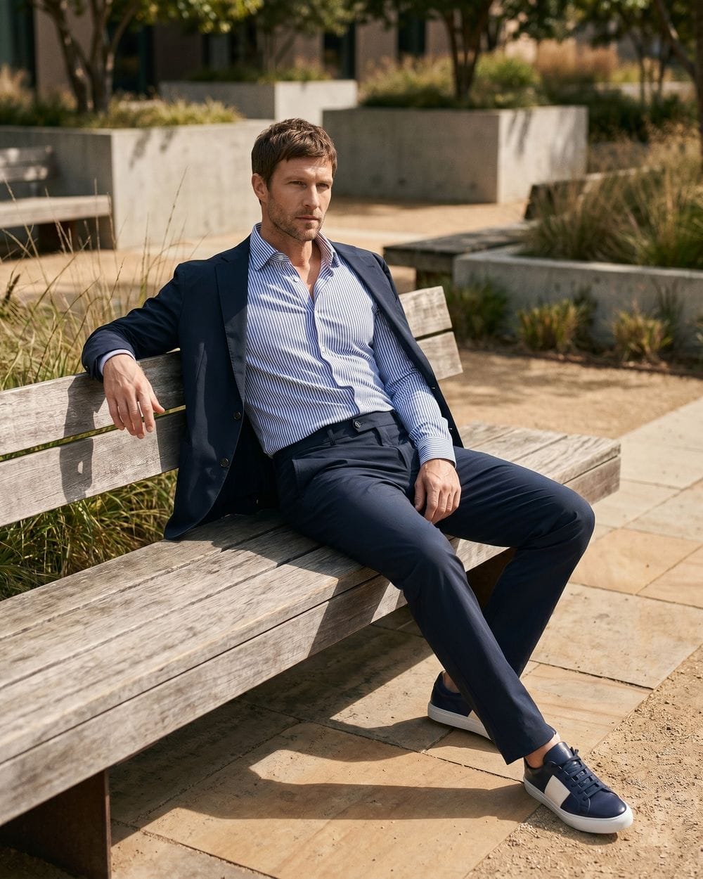Navy Suit Meets Sneakers and a Blue Shirt