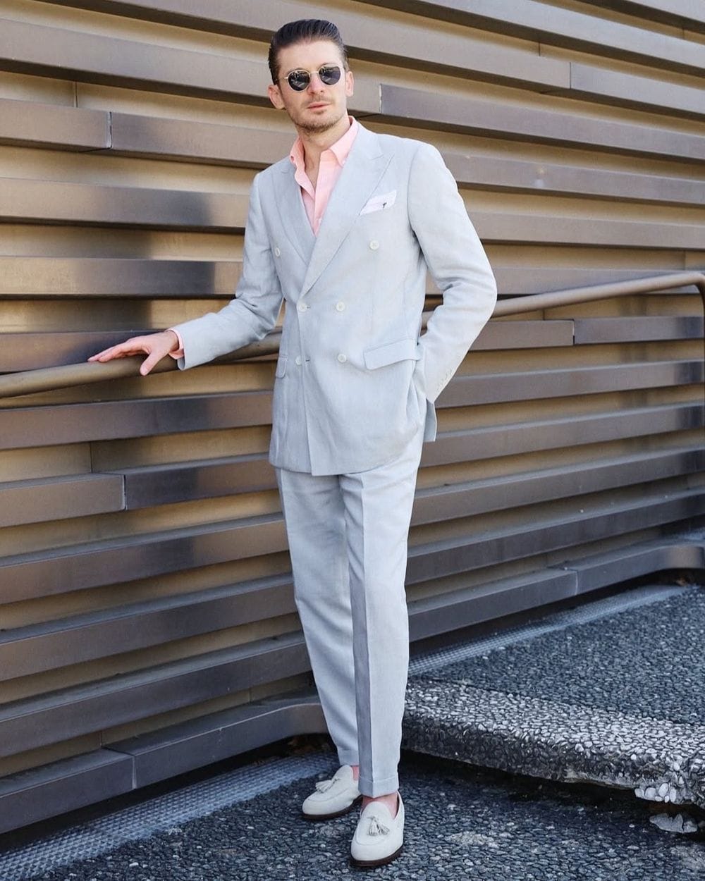 Dusty Blue Double-Breasted Summer Suit with Pink Linen Shirt & Beige Loafers