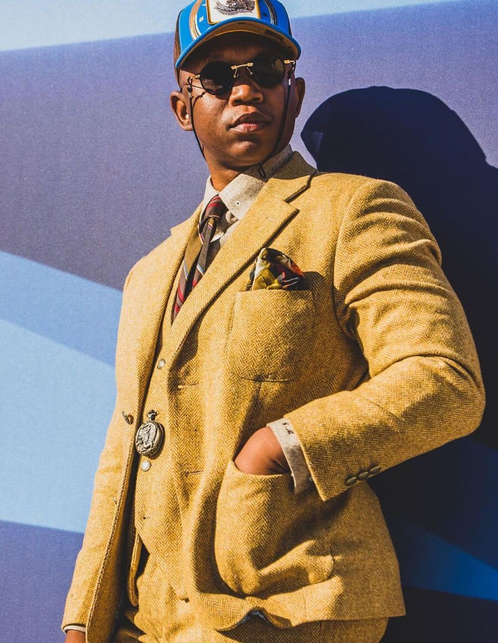 Yellow suit with beige shirt