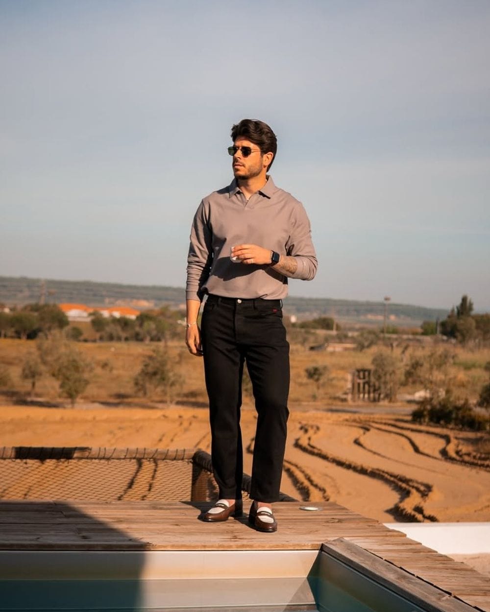 black dress shirt khaki pants Outfit arms and waist Khaki Pants With Black Dress