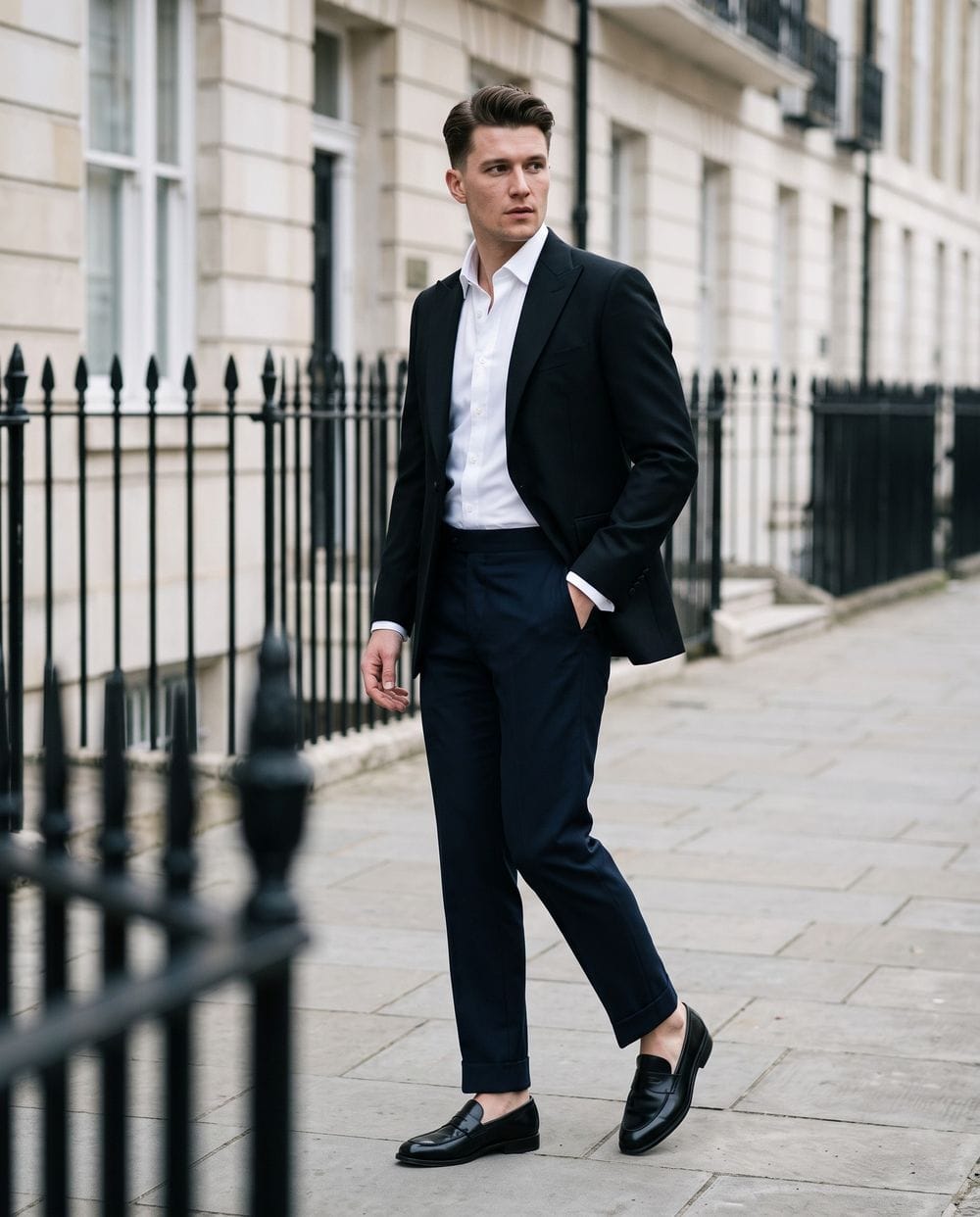 black dress shoes with navy pants Outfits Blue Each piece is finished