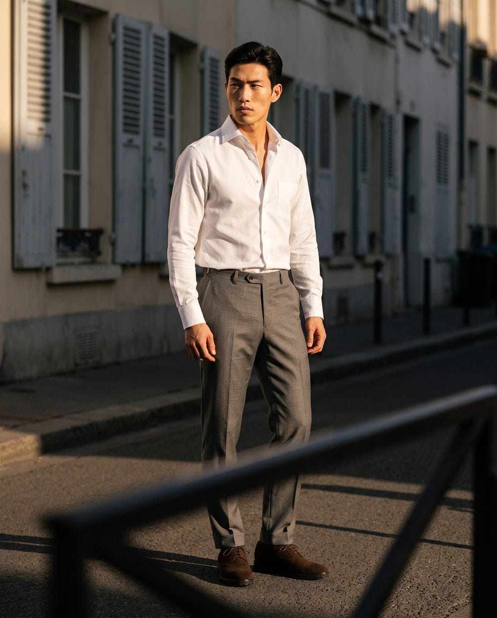 white dress shirt grey pants brown shoes with Gray and Suede Derbies wicking Hyper Garrion Collection Spaghetti Strap Gown with Size:10 US Men (9 UK/AU)