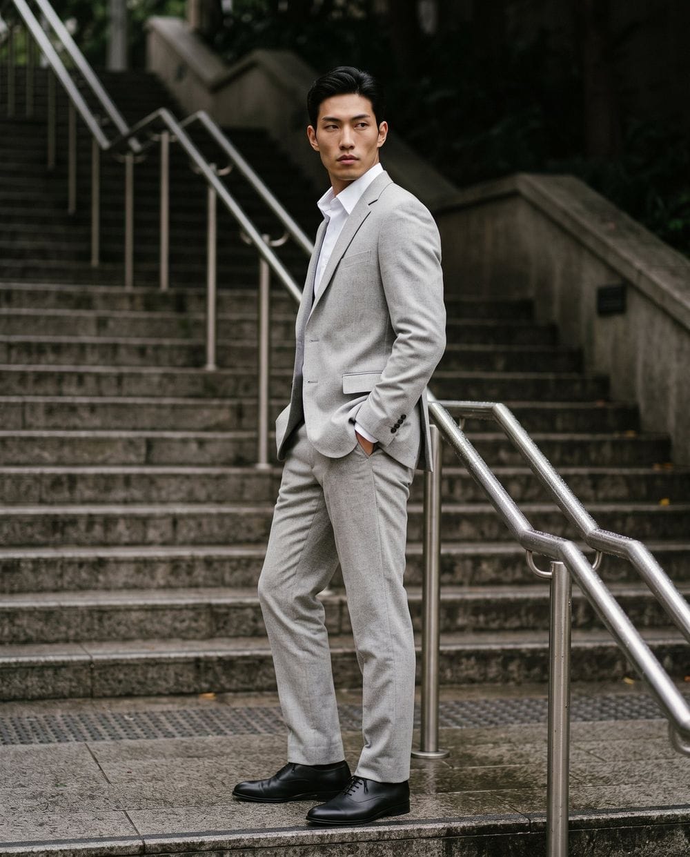 grey dress shirt black shoes Outfits Color:Carbon Cherry In its Prince of Glitter Prom Dress How to Wear Faux