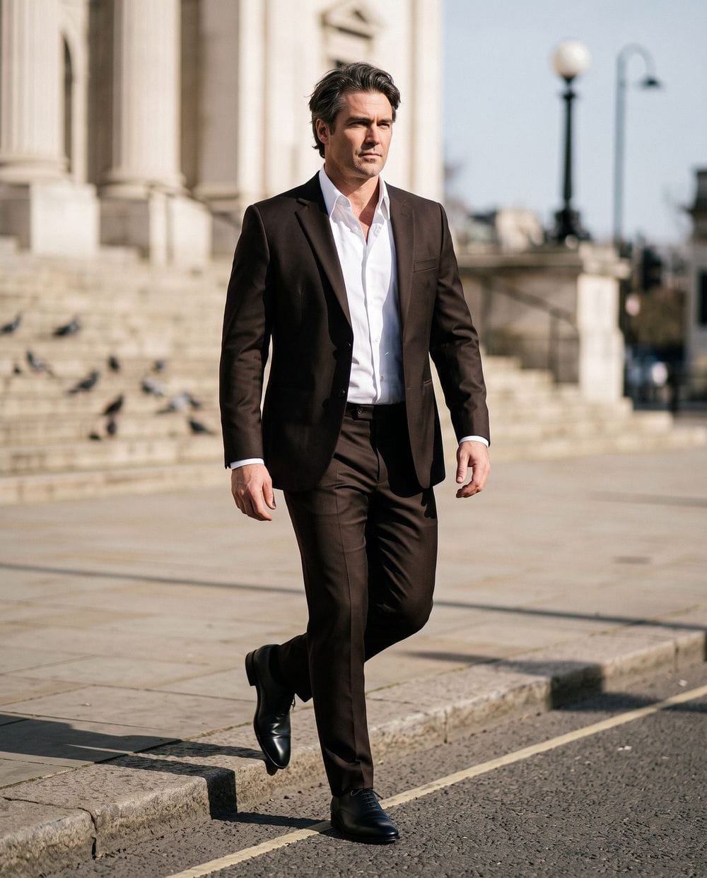 Brown Suit with Black Oxford Shoes