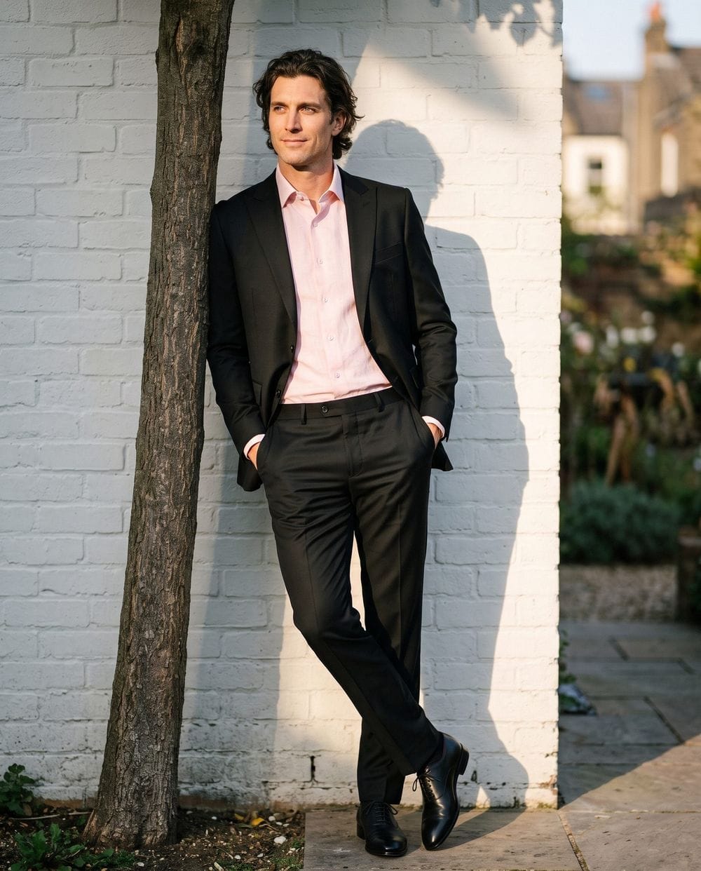 Black Suit with a Pink Shirt and Black Oxfords
