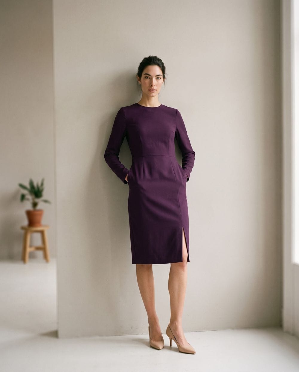 Fall Wedding Guest Dress in Plum with Nude Heels