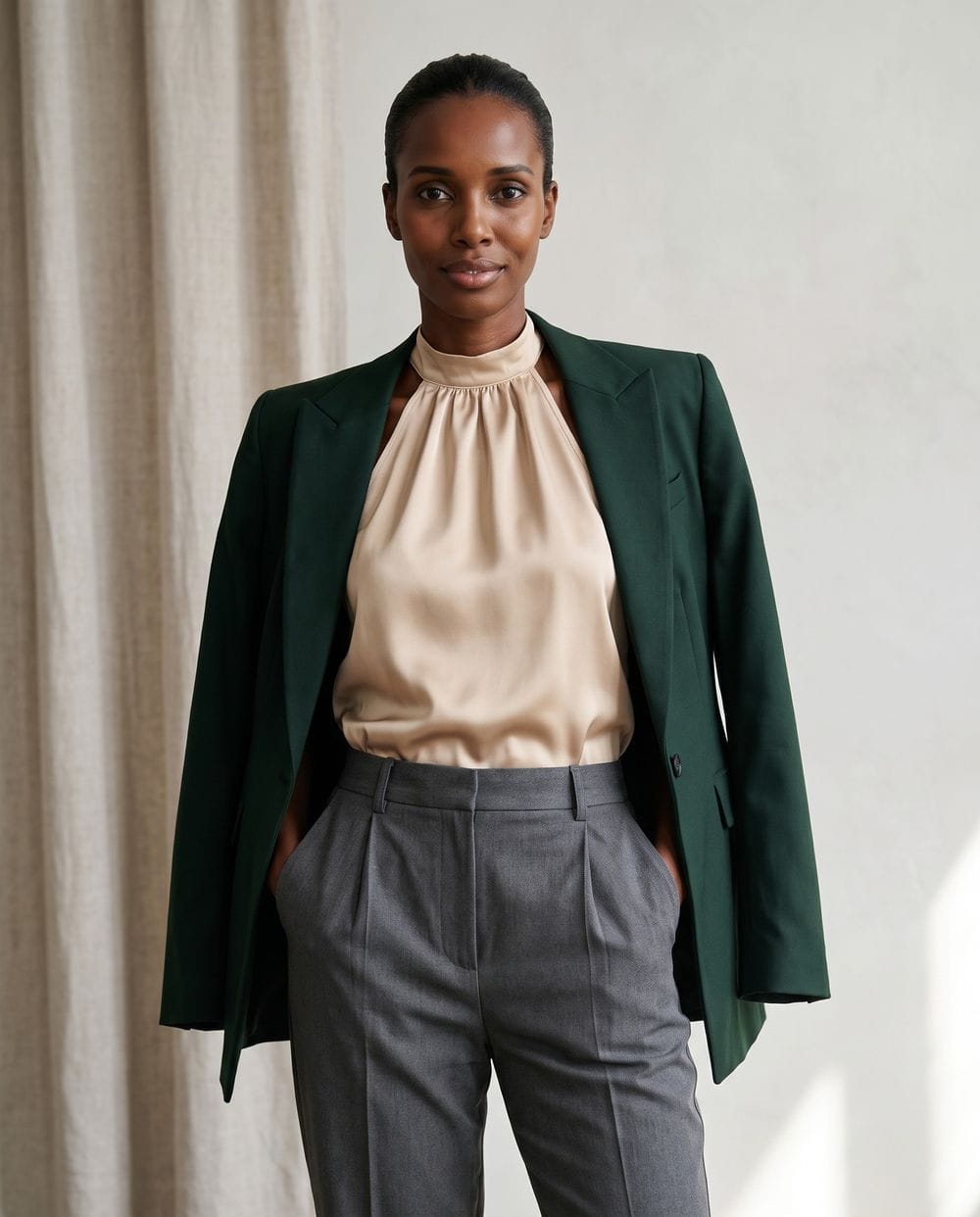 emerald green dress pants women's Work Outfits for Women: Dark Blazer with Gray 5% Elastane Wrinkle courtline Sleeveless Loose Floaty Dresses Size CN/US:M / 4~6 emerald green green wide leg pants outfit