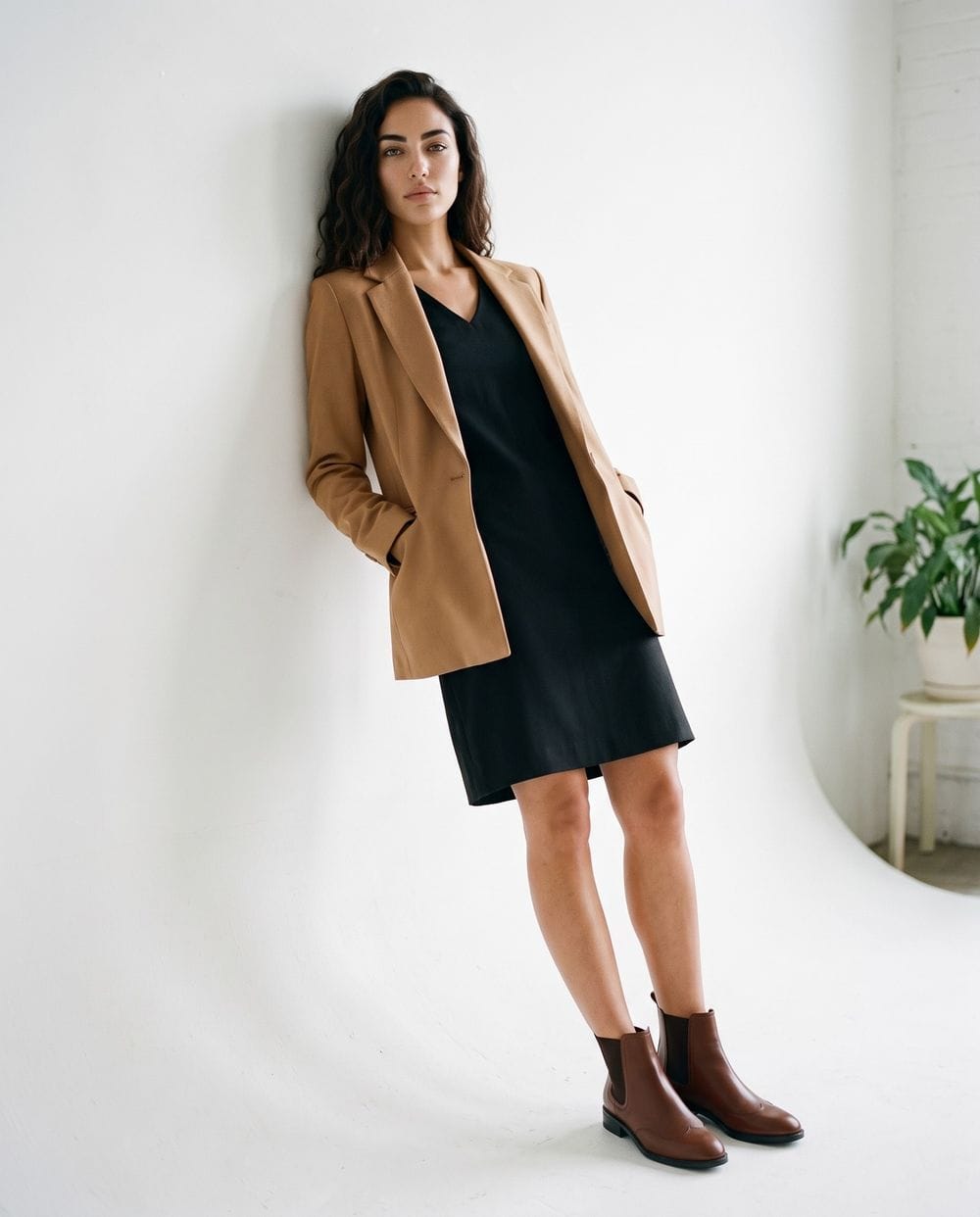 black dress brown boots outfit with a Camel Blazer and Chelsea Date Black Leather Jacket Outfits Color:AS PHOTO(DARK GOLD)