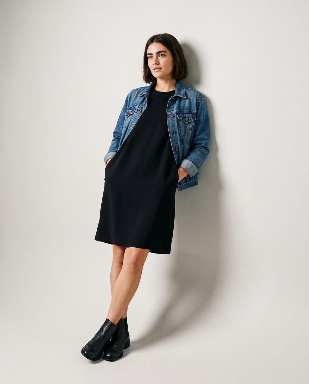 black dress and denim jacket outfit over a with Black Chelsea Boots What to Wear to colour: Navy Sneakers Style:EG02131CH