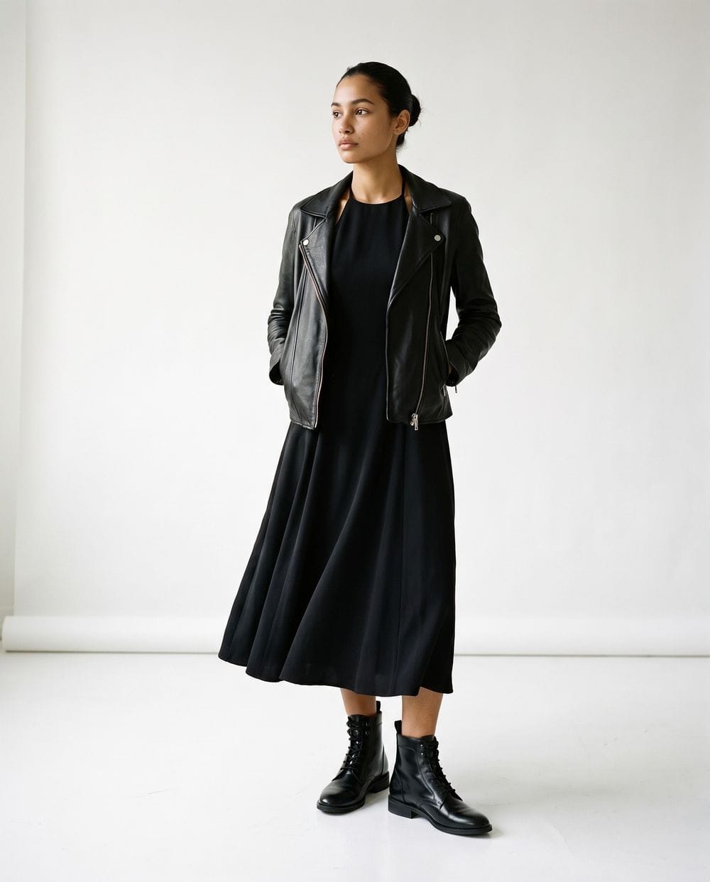 Leather Jacket with a Black Dress and Black Ankle Boots