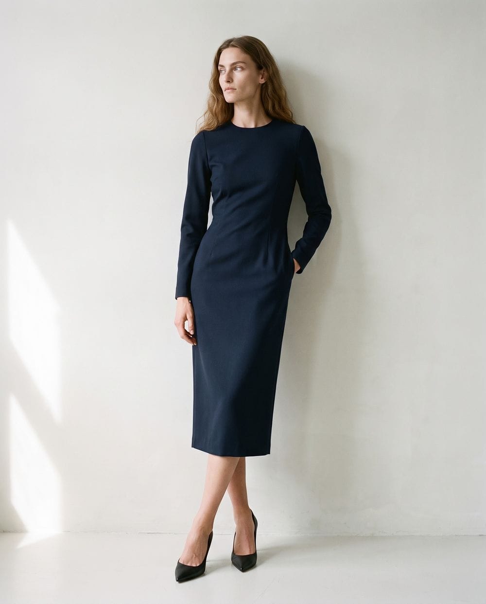 Modest Long Sleeve Navy Formal Dress with Black Pumps