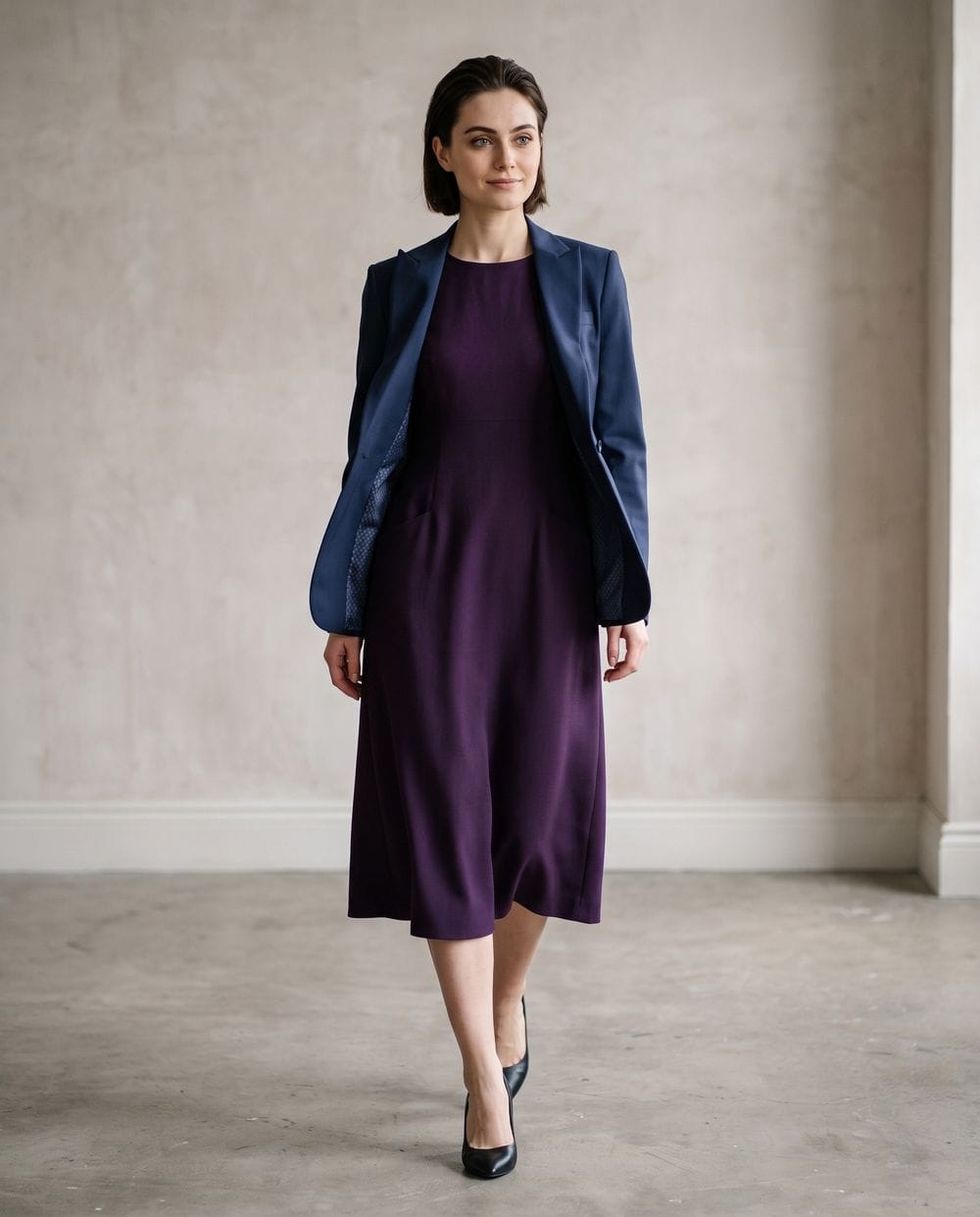 Dark Purple Midi Dress with a Navy Blazer and Black Pumps
