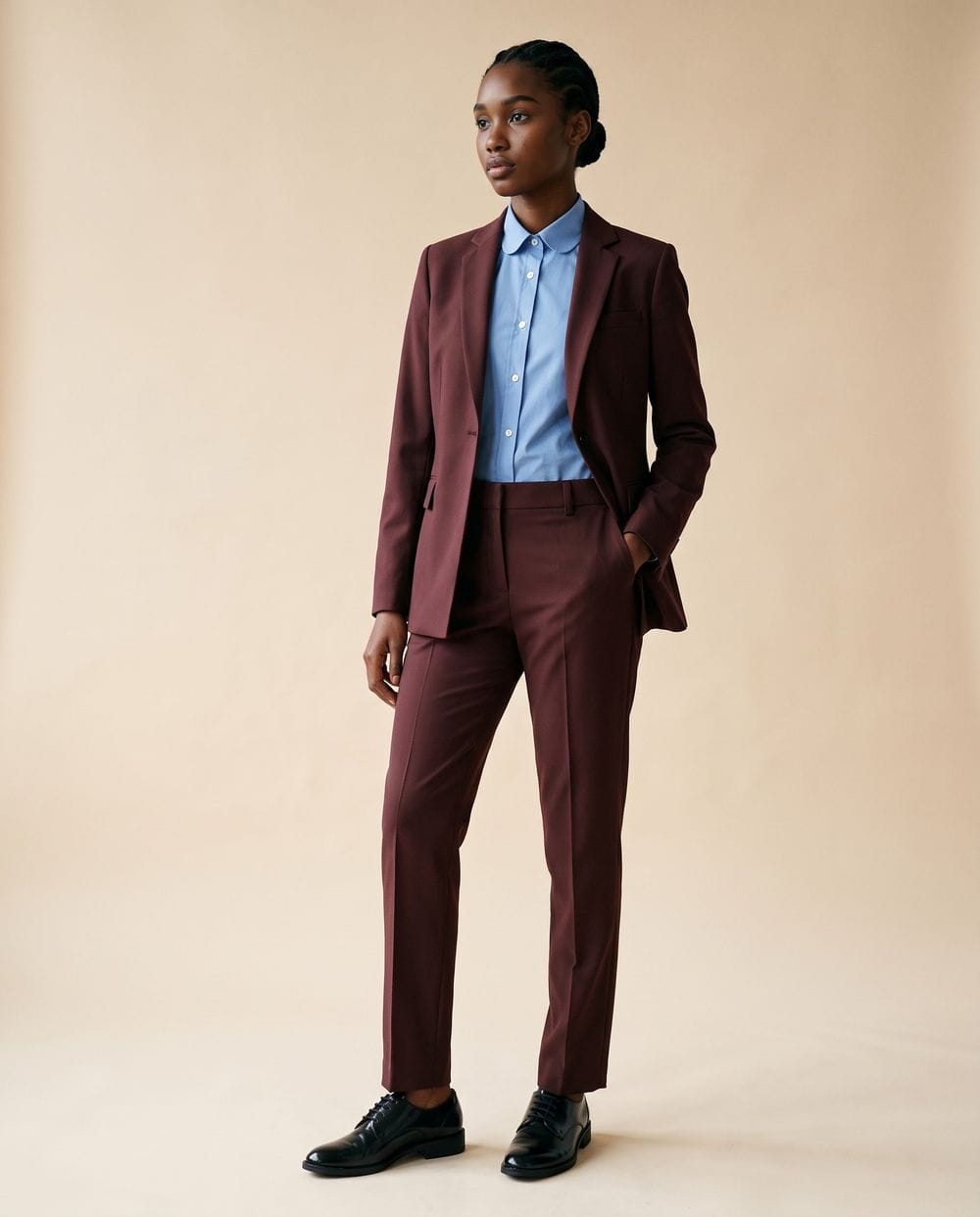 Burgundy Suit with a Blue Shirt and Black Derby Shoes