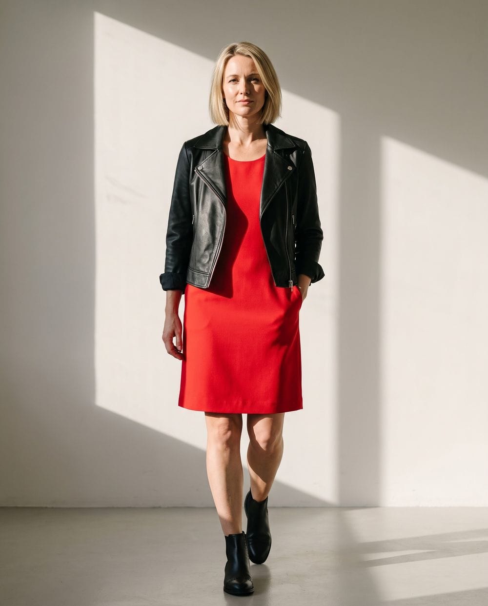 red dress and black leather jacket over a with Boots Citrine