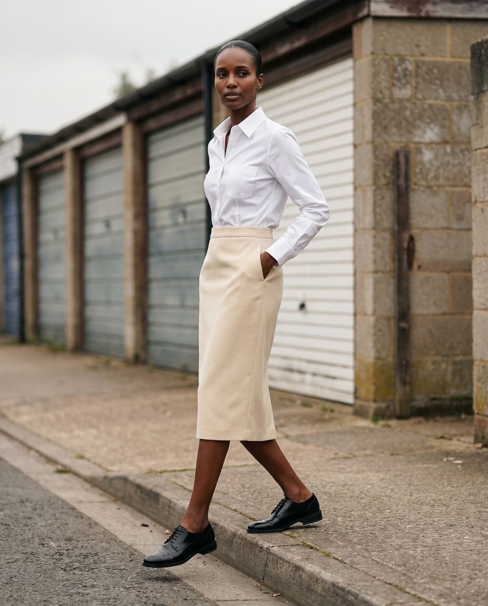 White Shirt with a Cream Pencil Skirt and Black Derby Shoes