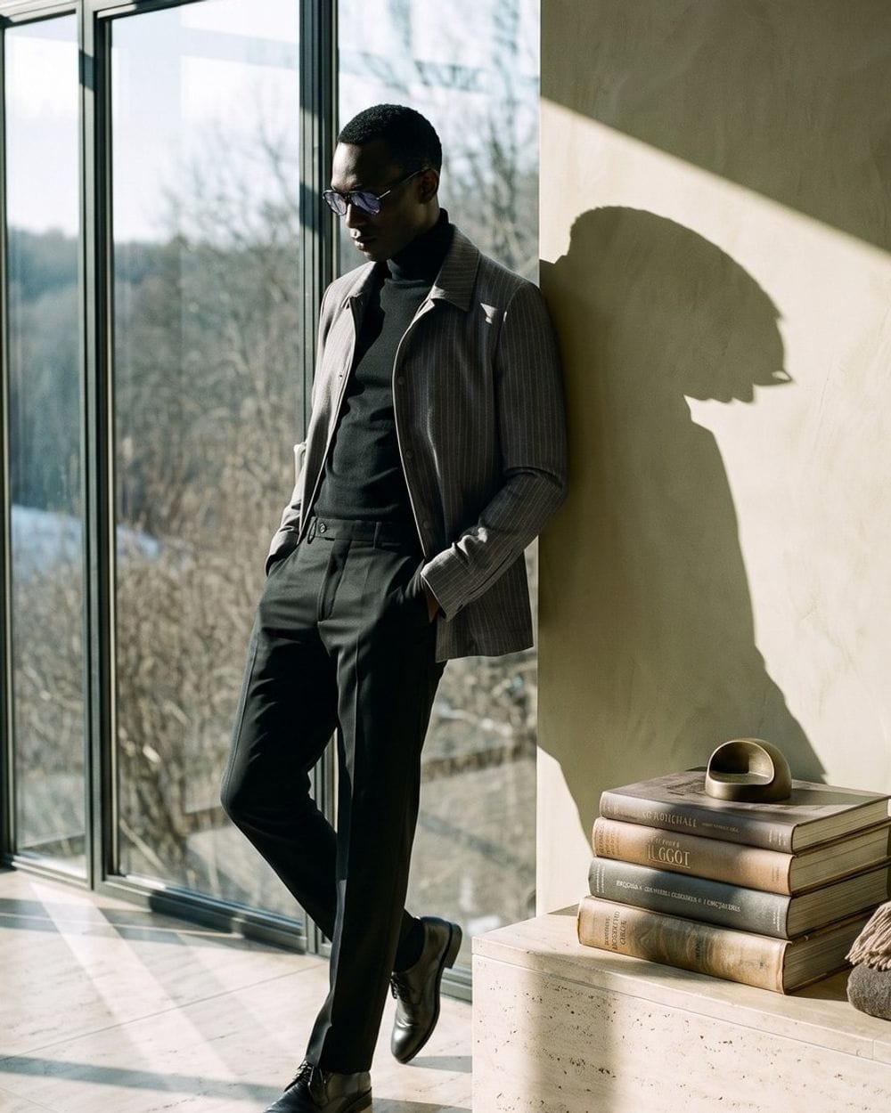 leather jacket dress pants Outfit featuring a gray striped field jacket, black pants, and Chelsea boots leather jacket formal outfit