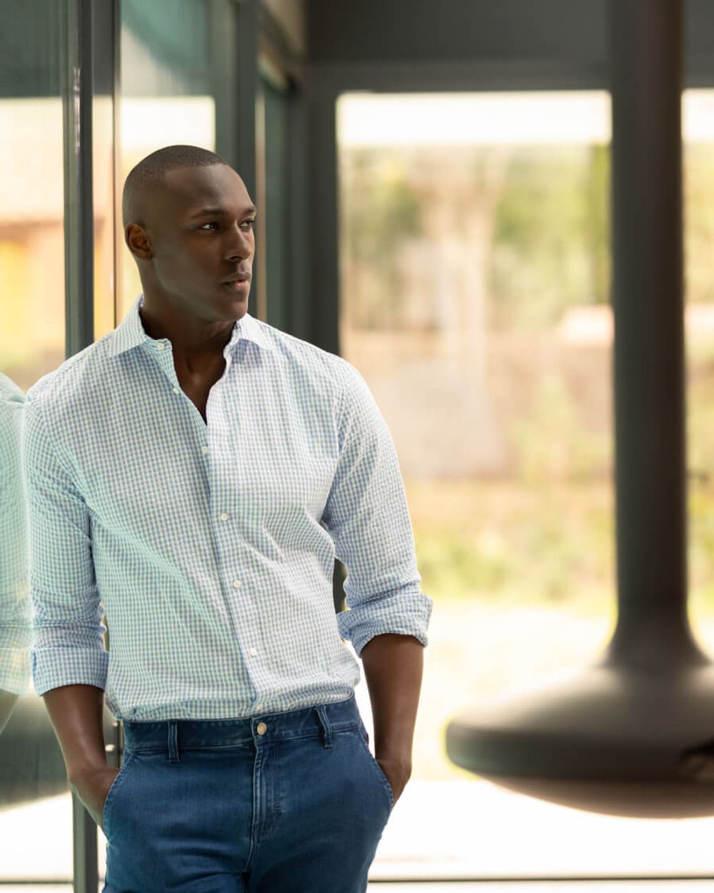 Blue and White Checked Shirt with Jeans Hockerty