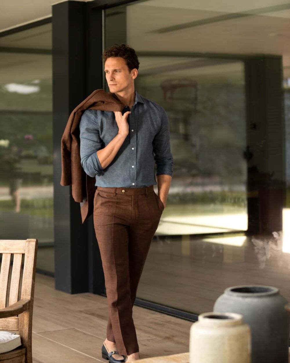 Brown Suit whit Blue Loafer